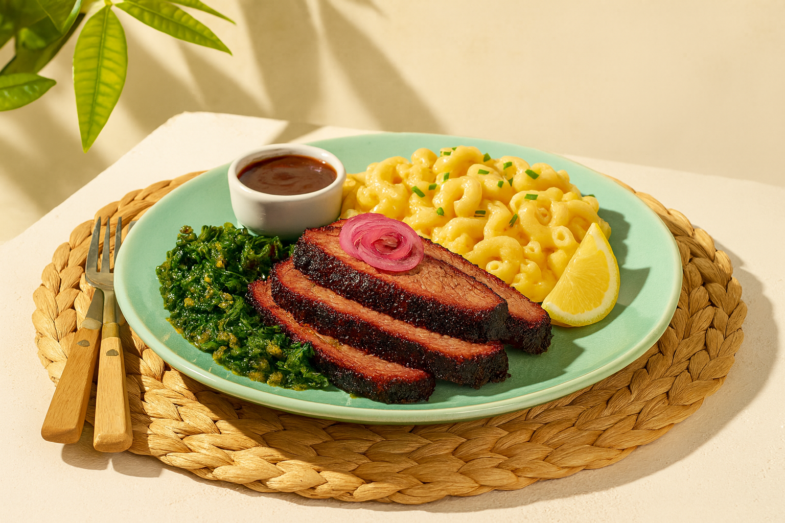 Assiette de brisket avec macaroni au fromage et épinards