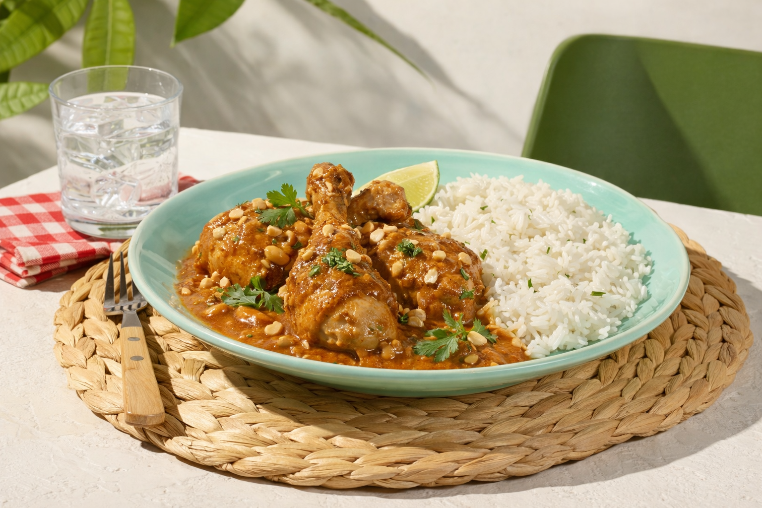 Plat de poulet aux arachides accompagné de riz blanc.
