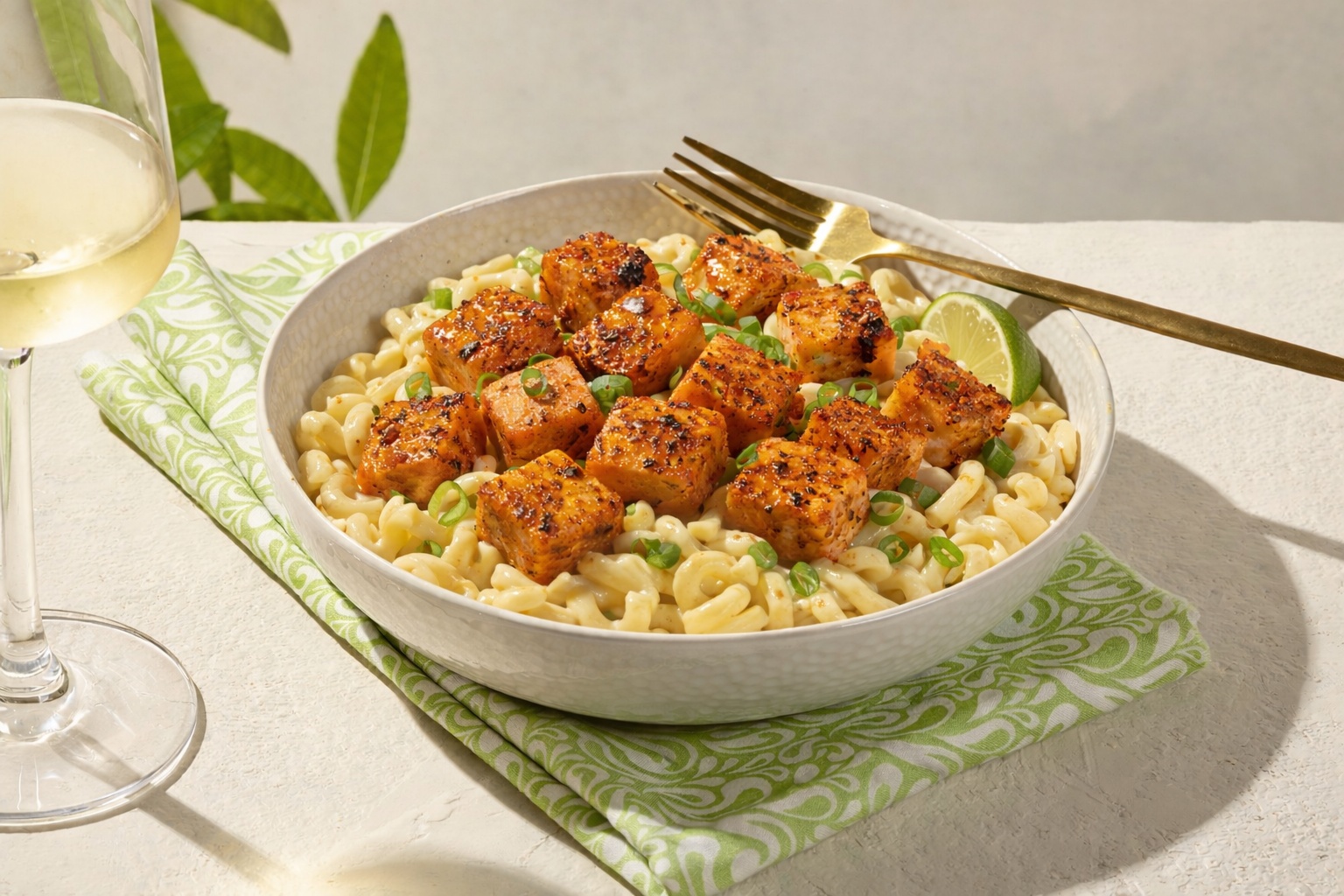 Macaroni crémeux et cubes de saumon cajun