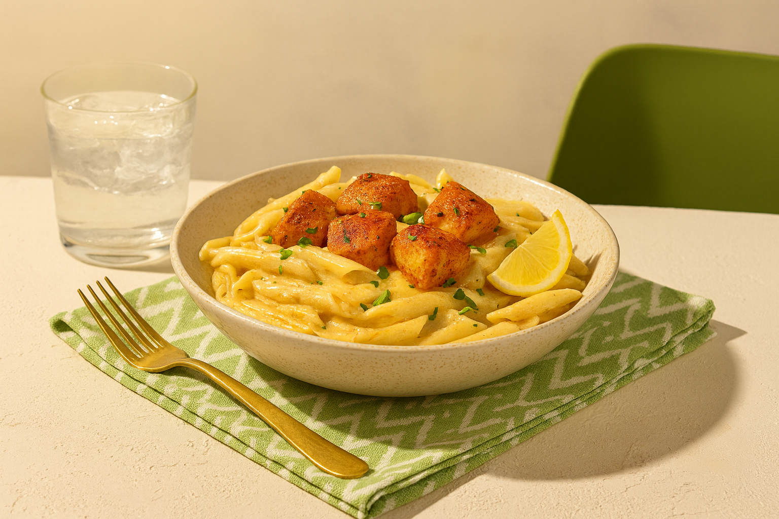 Assiette de pennes avec cubes de saumon