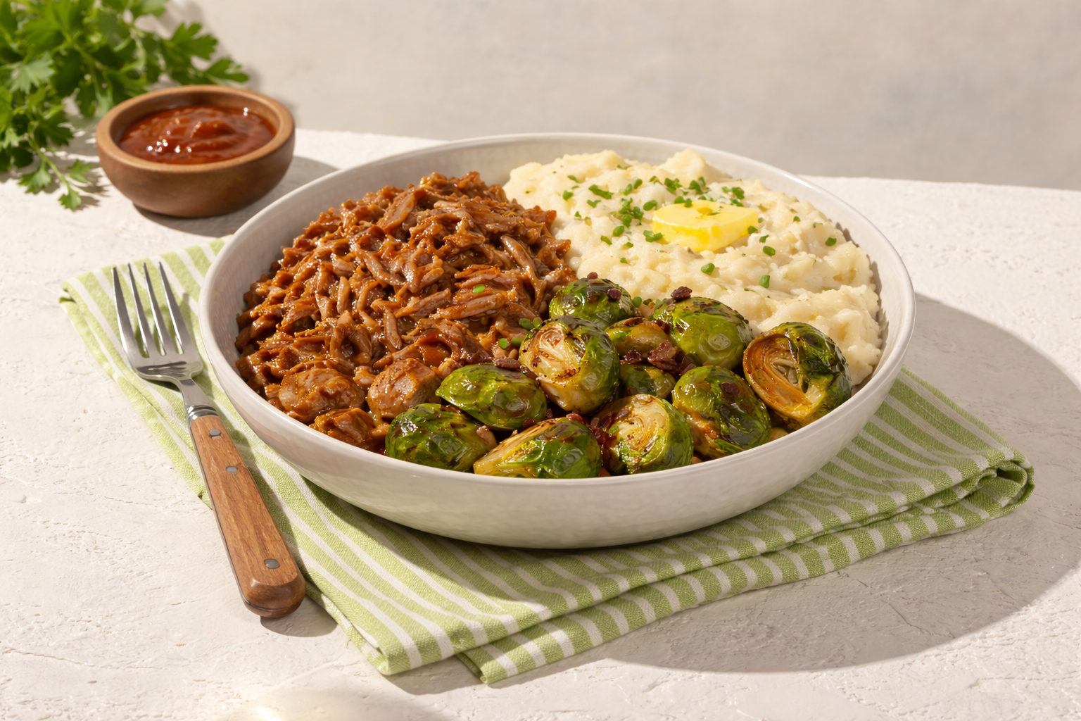 NOUVEAU! Porc effiloché, purée de pommes de terre et choux de Bruxelles