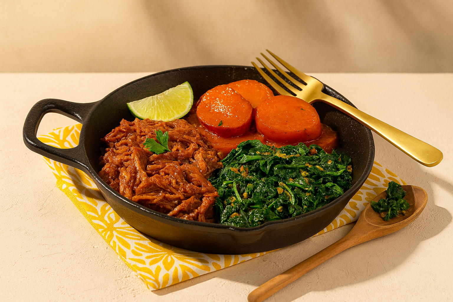 Casserole de porc effiloché créole avec patate douce et épinards
