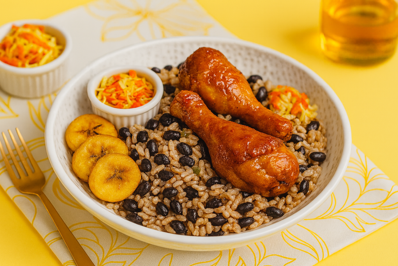Riz aux pois noirs, pilons de poulet en sauce